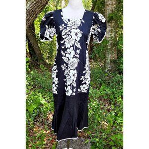 Vtg Lucky You Hawaii Black White Cotton Aloha Puff Sleeve Muumuu Dress Midi L?